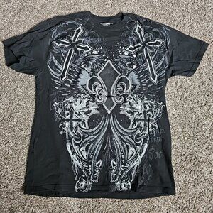 Apostasy Y2K Black/Gray Short Sleeve Size Large Spade/Cross/Wings Shirt